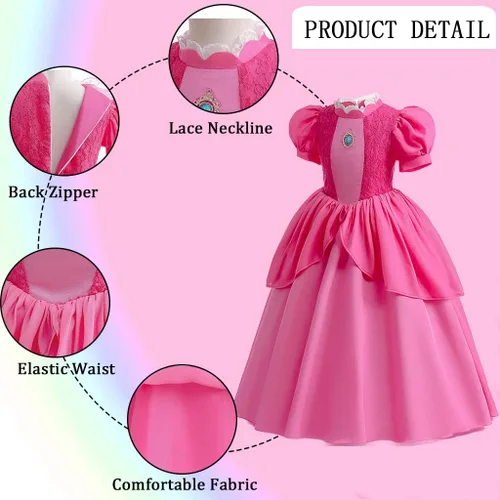 Vista 5 de Oumbivil Princess Peach Costume Dress for Girls Kids Cosplay with Wig Crown Gloves Birthday Outfit Halloween Costumes
