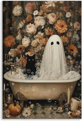 Vista 9 de Lienzo decorativo de Halloween para pared, póster de fantasma y gato negro en la bañera, imagen espeluznante de fantasma y flores, impresión
