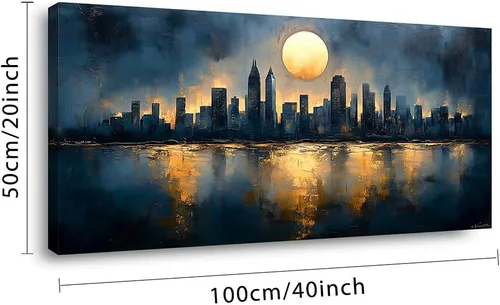 Vista 2 de GAFSING Lienzo decorativo para pared, diseño de luna dorada, paisaje urbano, impresiones en lienzo abstracto, pintura artística, imagen, decoración