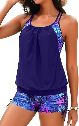Vista 7 de Holipick Trajes de baño tankini de dos piezas con control abdominal, top de baño tipo blusa con shorts estilo boy shorts Verde Aqua