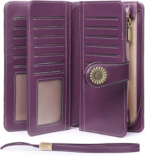 Vista 14 de SENDEFN Billeteras de cuero para mujer, tarjetero de crédito con bloqueo RFID, pulsera de gran capacidad with RFID Blocking, Large Capacity