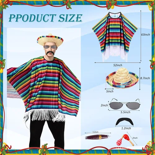 Vista 2 de Conjunto de poncho y sombrero mexicano para adultos, 7 piezas de disfraz de fiesta mexicana, incluye fiesta mexicana, poncho, poncho, sombrero