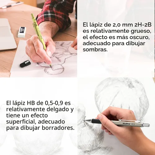 Vista 5 de Nicpro - Juego de lápices mecánicos dorados, 3 lápices metálicos de dibujo de 0.01 pulgadas, 0.02 pulgadas y 0.03 pulgadas, y 3 lápices con minas