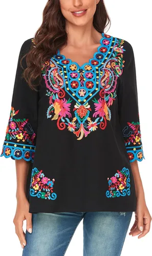 Vista 3 de YZXDORWJ Blusa de verano para mujer, estilo bohemio, estilo mexicano, con bordado bohemio