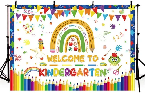 Vista 2 de MEHOFOND Cartel de fondo de bienvenida a jardín de infantes de 7 x 5 pies, diseño de arco iris, para regreso a clases, decoración de fiesta