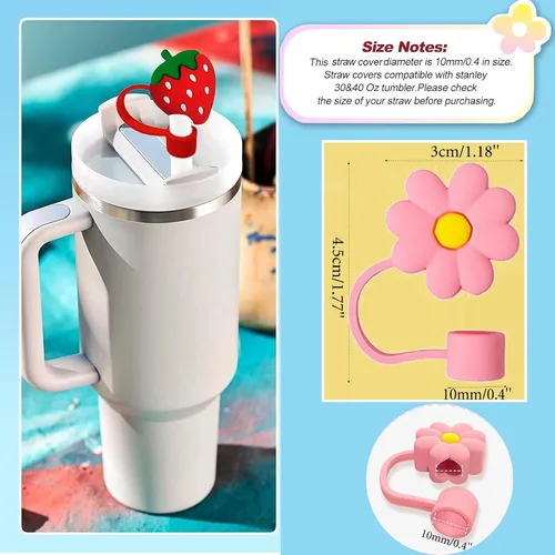 Vista 3 de 10 fundas de popote compatibles con vasos Stanley de 30 y 40 onzas, reutilizables, bonitas puntas de silicona para popotes, protectores de tapas