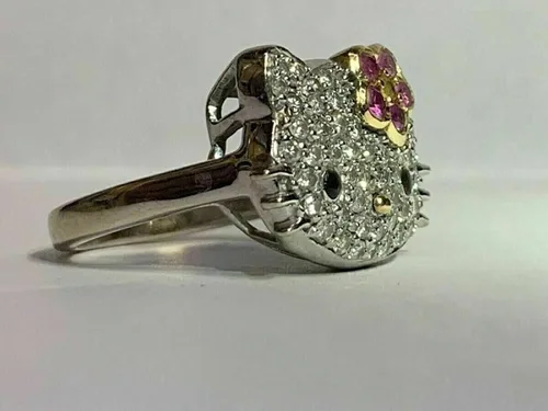 Vista 2 de Hello Kitty - Anillo de diamante de corte redondo de 2 quilates, plata de ley 925 maciza, anillo Art Deco, regalo de mujer, lindo anillo de gatito
