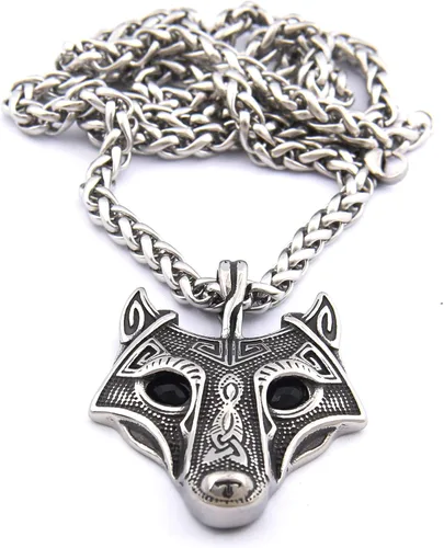 Vista 4 de Gungneer Collar con colgante de lobo vikingo Fenrir para hombres y mujeres, cadena de trigo de acero inoxidable, amuleto nórdico, talismán