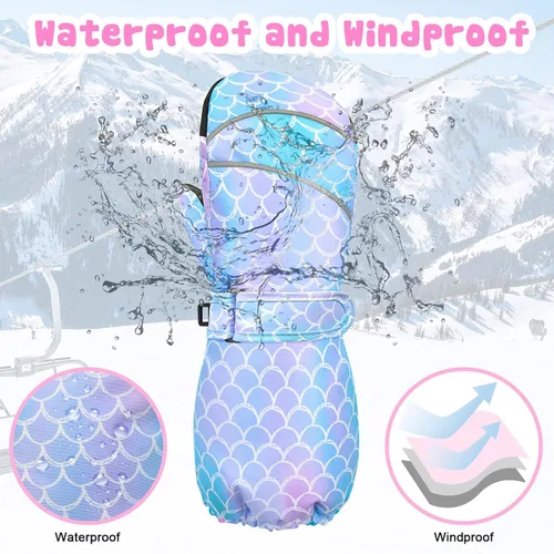 Vista 4 de AuSletie Guantes de invierno impermeables para niños, guantes de esquí para la nieve para niñas, guantes de snowboard cálidos con forro de sherpa