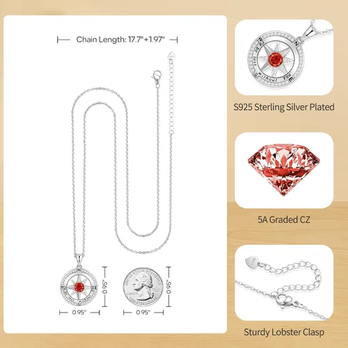 Vista 30 de Peeshow Collar para mujer, brújula, piedra natal, joyería de cumpleaños, aniversario, ideas para su novia, regalo romántico de amor en Navidad, día