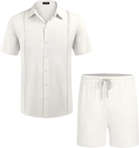Vista 4 de COOFANDY Conjunto de 2 piezas de lino para hombre camisa con botones y pantalones cortos