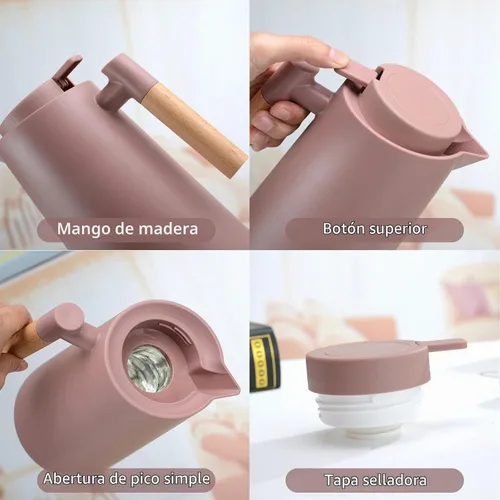 Vista 9 de Jarra térmica de doble pared de 1 litro, olla térmica al vacío con mango de madera, hervidor de agua, frasco aislado, jarra de té que mantiene