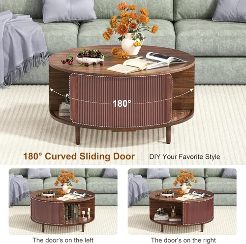 Vista 5 de Mesa auxiliar redonda, mesa central acanalada de 31.5 pulgadas con almacenamiento, mesa de centro elevable con almohadillas ajustables, puerta