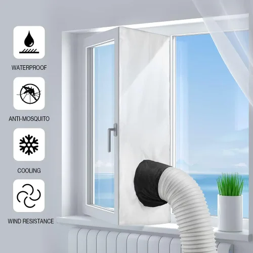 Vista 7 de HOXHA Sello universal de ventana para aire acondicionado portátil, kit de sellado de tela de 118 pulgadas con acoplador ajustable y cierre adhesivo