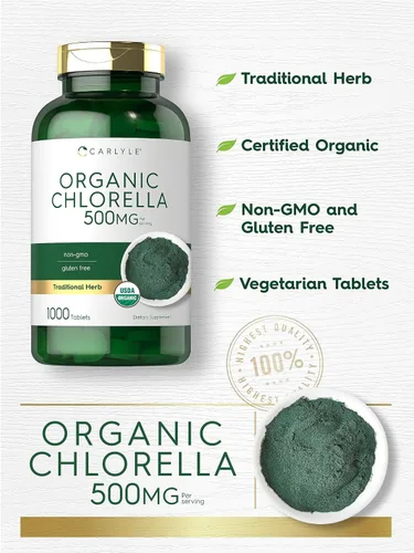 Vista 3 de Carlyle Chlorella Tablets Organic 500 mg 1000 unidades Suplemento vegetariano, sin OMG y sin gluten