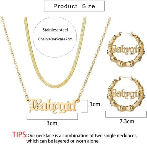Vista 5 de Aretes de aro de bambú para mujer, de acero inoxidable, estilo de letra inglesa, estilo de los años 8090, accesorio para disfraz, conjunto de joyas