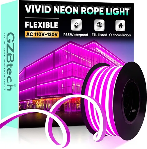 Vista 29 de GZBtech Tira de luces LED flexibles de neón de 16.4 pies, tira de luz impermeable CA de 110-120 V, 120 LEDs/M, iluminación de neón conectable