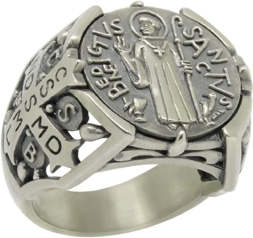 Vista 8 de St Benedict christian catholic ancient Sterling Silver 925 medal mens ring, Exorcism