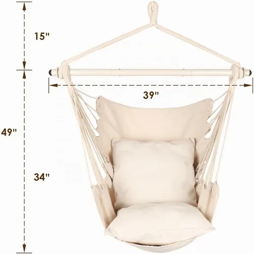 Vista 6 de Highwild Silla hamaca colgante con cuerda – Máximo 500 libras – 2 cojines incluidos – Barra separadora de acero con anillos antideslizantes