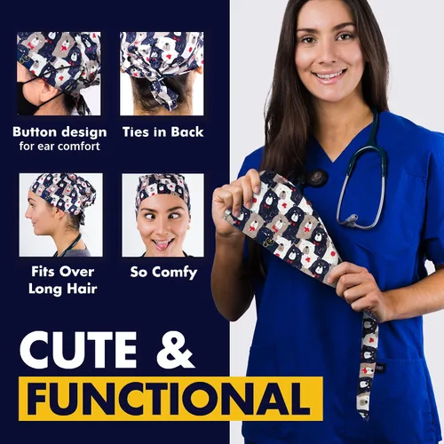 Vista 4 de Dr. Woof Apparel - Gorras quirúrgicas para mujeres y hombres, sombreros lavables, enfermeras, otros trabajadores de la salud, coloridos con botones