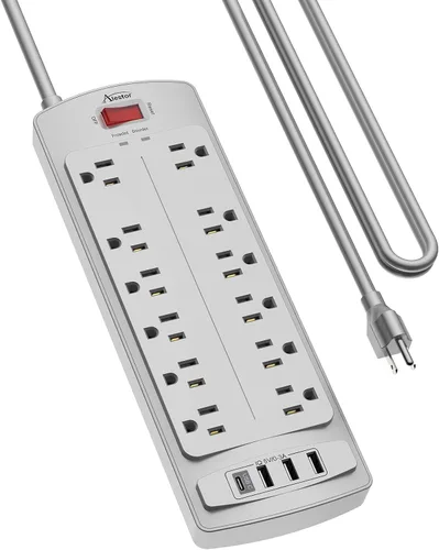 Vista 12 de ALESTOR - Regleta de enchufes con protector contra sobretensiones, 12 tomas de corriente y 4 puertos USB, cable de extensión de 6 pies