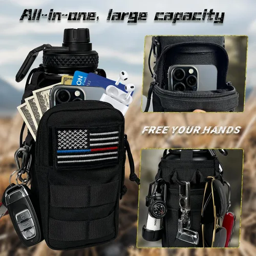 Vista 5 de Botella de agua aislada de 32 onzas, jarra de agua negra militar de acero inoxidable con manga, botellas de agua para gimnasio para hombres