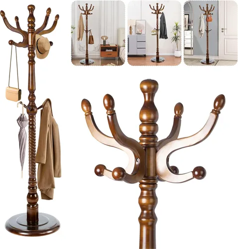 Vista 13 de Perchero de madera maciza – Perchero independiente de 73 pulgadas con 14 ganchos y base estable, altura ajustable, moderno árbol de madera