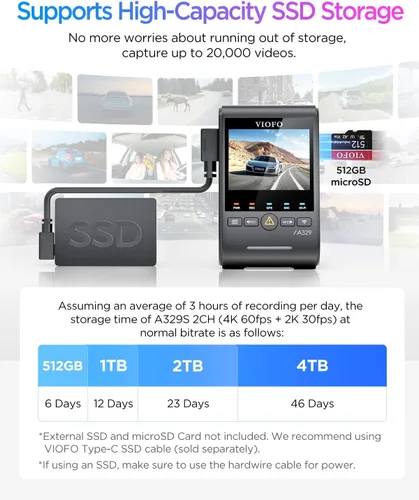 Vista 5 de VIOFO A329S 4K 60FPS Cámara de salpicadero delantera y trasera, cámara Dual de salpicadero 4K+2K para autos, modo de estacionamiento de ahorro