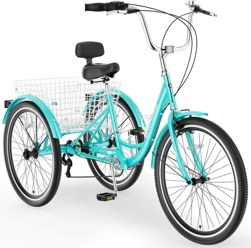 Vista 23 de MOONCOOL Triciclos para adultos de 3 ruedas y 7 velocidades, triciclos para adultos de 20/24/26 pulgadas, bicicleta de 3 ruedas con cesta
