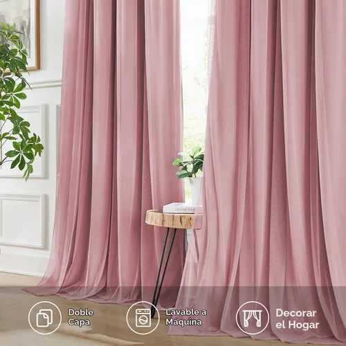Vista 6 de cortinas 100% opacas para dormitorio, cortinas rosadas de doble capa, cortina oscura de 96 pulgadas de largo con superposición transparente