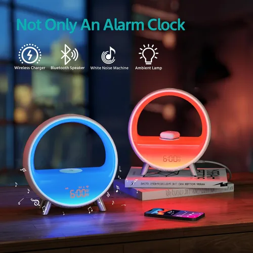 Vista 2 de MOMILLA Reloj despertador Sunrise con estación de carga inalámbrica de 15 W, altavoz Bluetooth y máquina de ruido blanco, luz de despertador