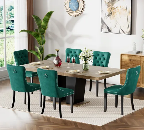 Vista 37 de Juego de mesa de comedor extensible de 63 a 79 pulgadas para 4, moderna mesa de cocina expandible con 4 sillas de terciopelo, mesa de madera gruesa