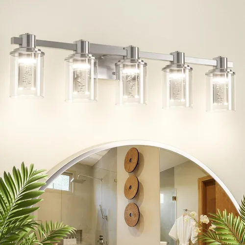 Vista 26 de Quntis Lámparas de baño de níquel cepillado con 5 modos de color, lámpara de tocador de baño moderna regulable de 3 luces sobre espejo, lámpara