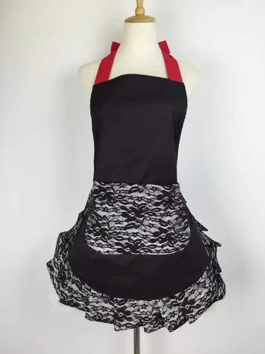 Vista 5 de Hyzrz Bonito delantal de encaje coqueto con bolsillo, divertido delantal retro sexy de cocina para mujeres y niñas (negro)
