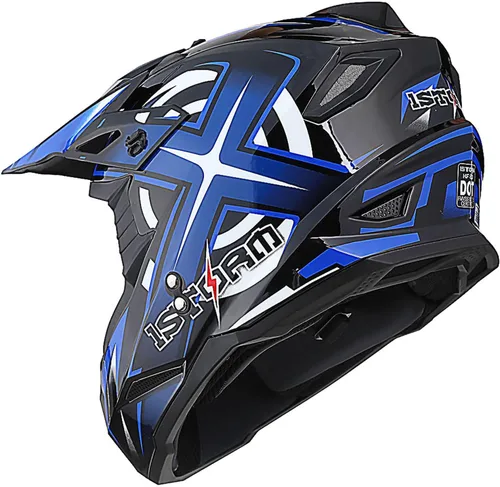Vista 5 de 1Storm Casco de Motocross para Jóvenes Niños BMX MX Casco de Bicicleta Adolescente Estilo de Carreras; Azul de Carreras + Gafas + Paquete de Guantes