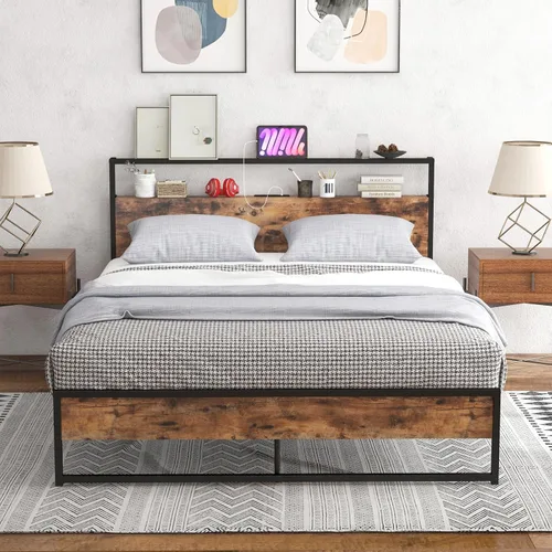 Vista 11 de Giantex Base de cama matrimonial con cabecero de luces LED y 4 cajones de almacenamiento, plataforma de metal con tomas de corriente y puertos USB