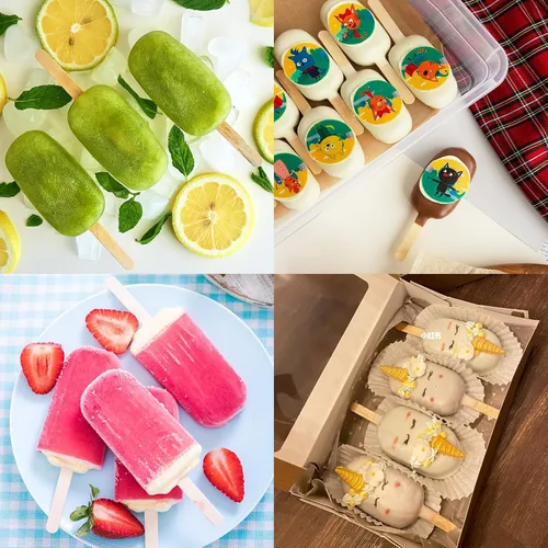 Vista 7 de Juego de 3 moldes de paletas de color violeta Samll con tapas y 100 palitos de madera para paletas de madera, 4 cavidades de silicona para hacer
