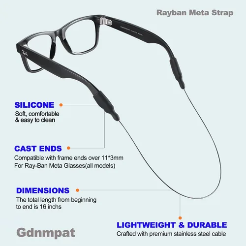 Vista 3 de Correa de lentes de sol para lentes Meta RayBan, patillas gruesas, correas para gafas, cordones para hombres, mujeres y niños, soportes para gafas
