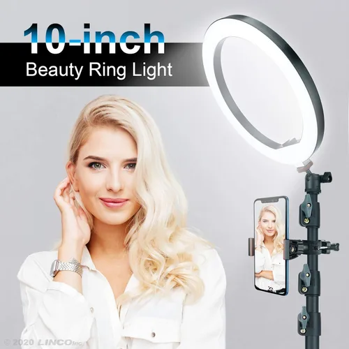 Vista 6 de LINCO Lincostore AM275 - Anillo de luz para selfie de 10 pulgadas con trípode y soporte para teléfono con control remoto Bluetooth para transmisión