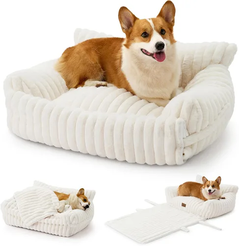 Vista 8 de COZY KISS Bonita cama para gatos con funda extraíble, sofá multifuncional de piel sintética de felpa para mascotas con manta, muebles ultra suaves