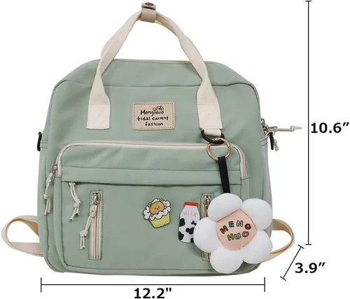 Vista 6 de Mochilas japonesas para niñas adolescentes para la escuela secundaria, mochila Kawaii con alfileres mochila escolar linda mochila estética, Verde