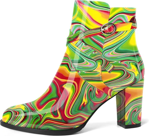 Vista 2 de SKYSTERRY Botas altas de tacón alto para mujer, puntera redonda, sin cordones, de patente, de 3.3 pulgadas