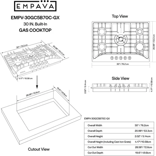 Vista 6 de Empava - Anafe de gas de 30 pulgadas con 5 quemadores de clase mundial fabricados en Italia SABAF, convertible a GLP/GN, ideal para cocinas de RV
