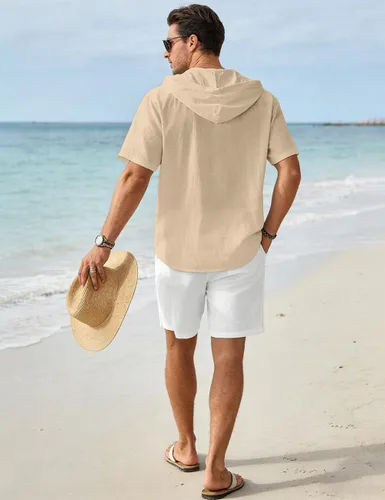 Vista 5 de Camisas de algodón y lino para hombre, sudaderas casuales de manga corta, con botones, para verano, playa, boda, con capucha