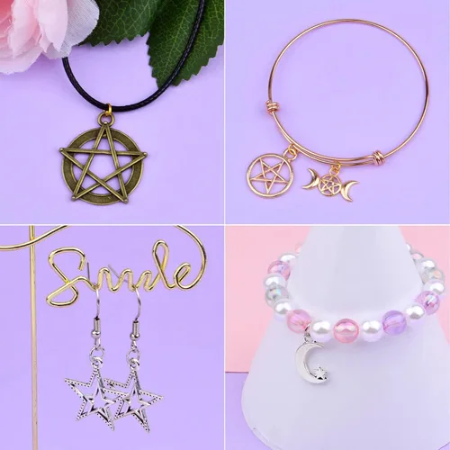 Vista 4 de 70 dijes mixtos de estrella de pentáculo, luna, pentagrama, bruja, colgantes, protección de aleación vintage, dijes de la suerte para bricolaje