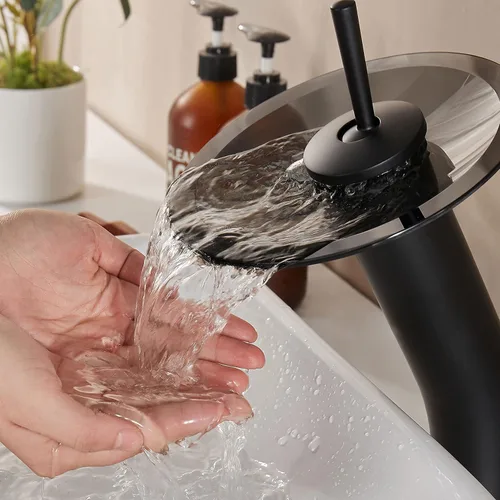 Vista 6 de Grifo de Baño de Cascada de Vidrio con Mango Único de Latón Macizo para Lavabo Lavatorio Vessel Sink Vanity, Alto, Negro