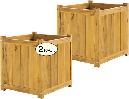 Vista 19 de Juego de 3 cajas de flores de madera para exteriores, macetas de barril de madera de acacia duraderas para plantas al aire libre con asas
