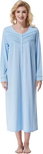 Vista 26 de Keyocean Camisones para mujer, suaves 100% algodón, cómodos camisones de manga larga para dormir para mamá Danderlion Azul