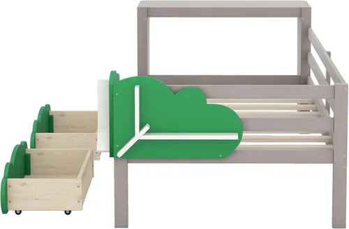 Vista 7 de Anwick Base de cama individual con escritorio y nido, sofá cama de madera con escritorio y estantes en forma de árbol verde, cama de plataforma