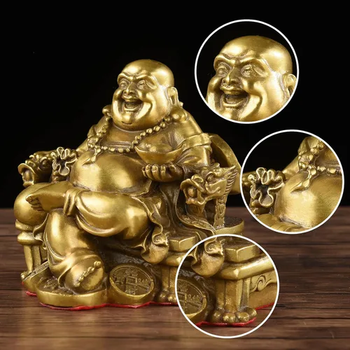 Vista 3 de Brass Statu BRABUD Feng Shui - Estatua de Buda sonriente hecha a mano sentado en la silla del emperador, escultura para el hogar
